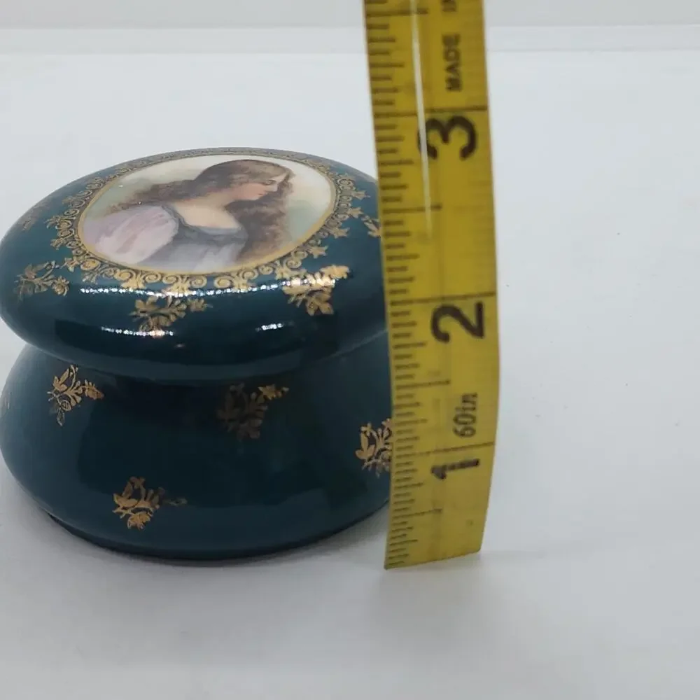 Vintage Portrait Lady Vanity Jar Blue Porcelain Trinket Dresser Box Gold Decor